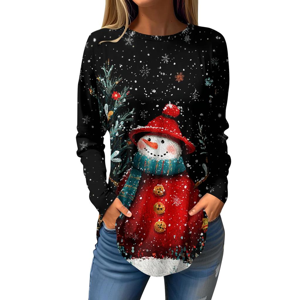 Tee Shirts For Women Casual Round Neck Long Sleeve Shirts Christmas Printing Top Pullover