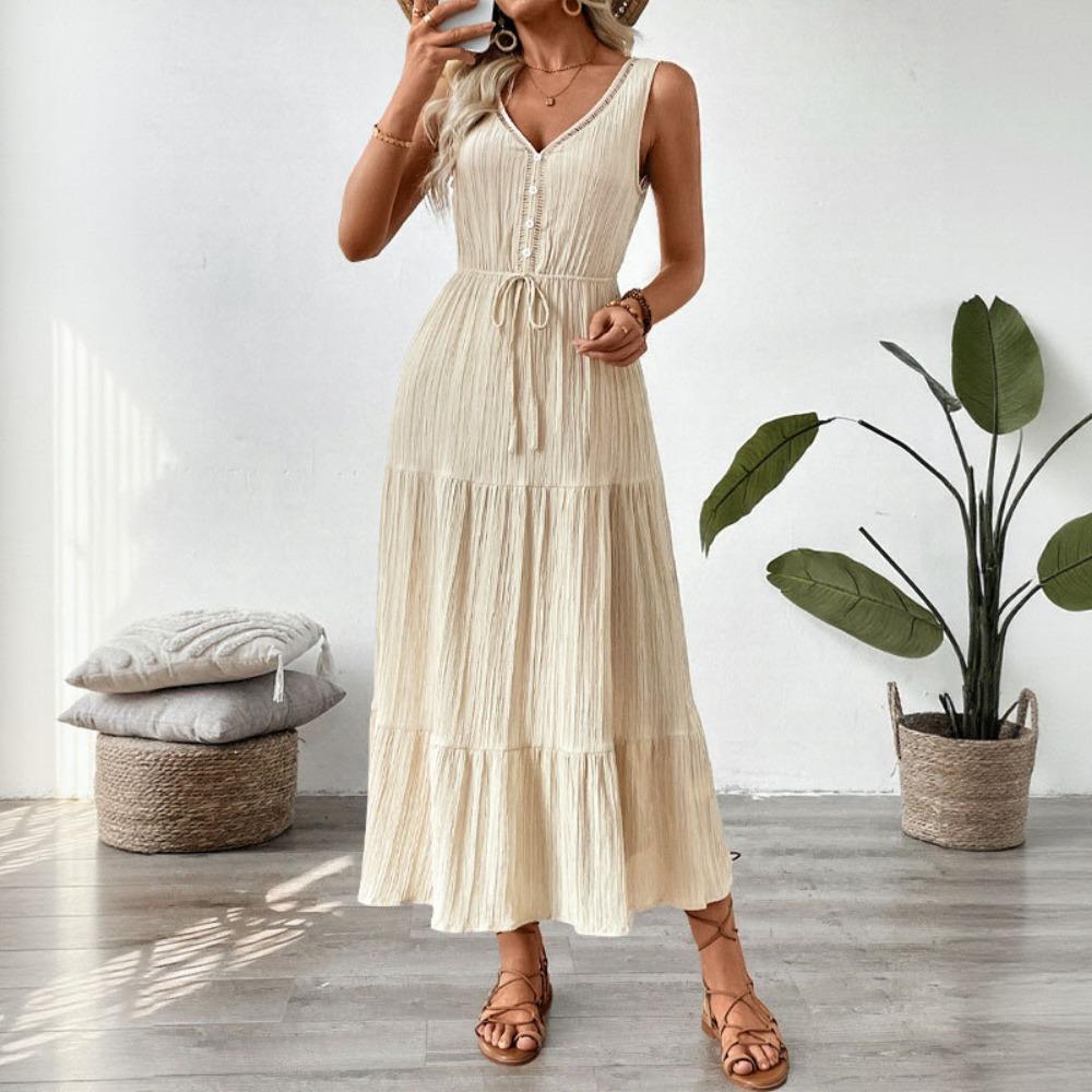 Women s V Neck Sleeveless Tiered Midi Dress Loose Fit Drawstring Waist Textured Summer Vacation Dress S