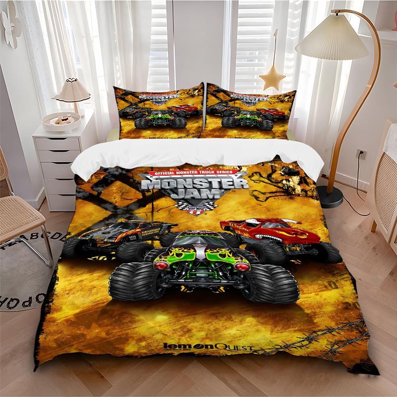 3pcs Monster Truck Series Home Bedding Set-Universal Three-Piece Suit for Bedroom, Guest Room, Living Room, Hotel-Perfect Gift for Fans, Tra