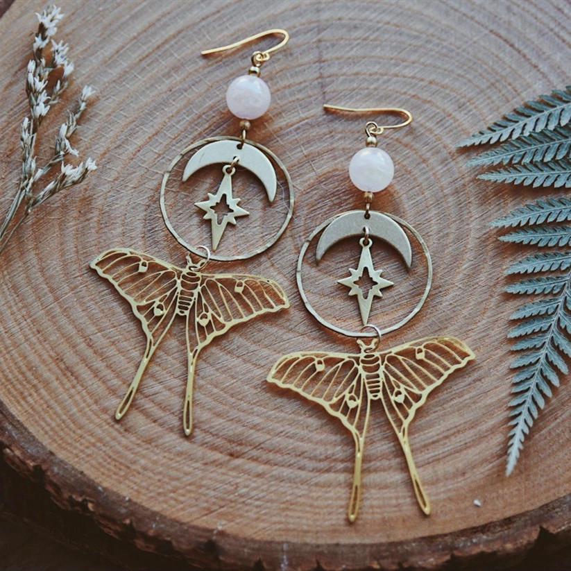 Bohemian Star & Moon Moth Rose Quartz Earrings for Women