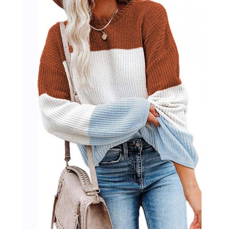Womens Winter Loose Knit Sweater With Color Block Lantern Sleeves Round Neck Long Sleeve