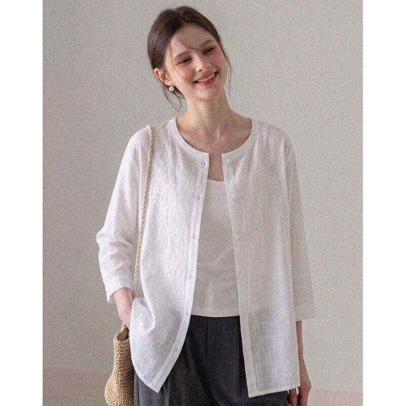 Einfaches weißes Leinen Langarmhemd Damen Sommer Locker Lässig Vielseitig Atmungsaktiv Sonnenschutz Cardigan Top