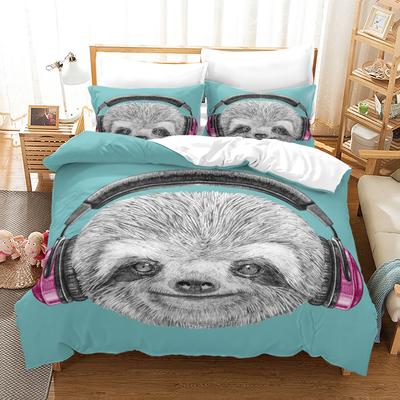 Sloth Duvet Cover Set DJ Sloth Portrait with Headphones Funny Character Cool Smiling 3 Piece Polyester Bedding Set King Queen