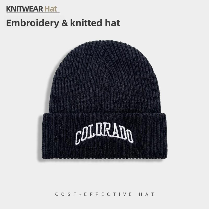 Knit Hat Men Winter Acrylic Letter Embroidery Windproof Warm Cuffless Cap