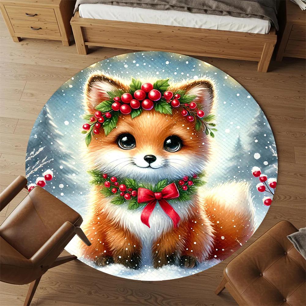 1pc Winter Fox Round Chair Mat Area Rug - Non-Slip, Floor Mat for Office, Bedroom, and Indoor Decor -1002095