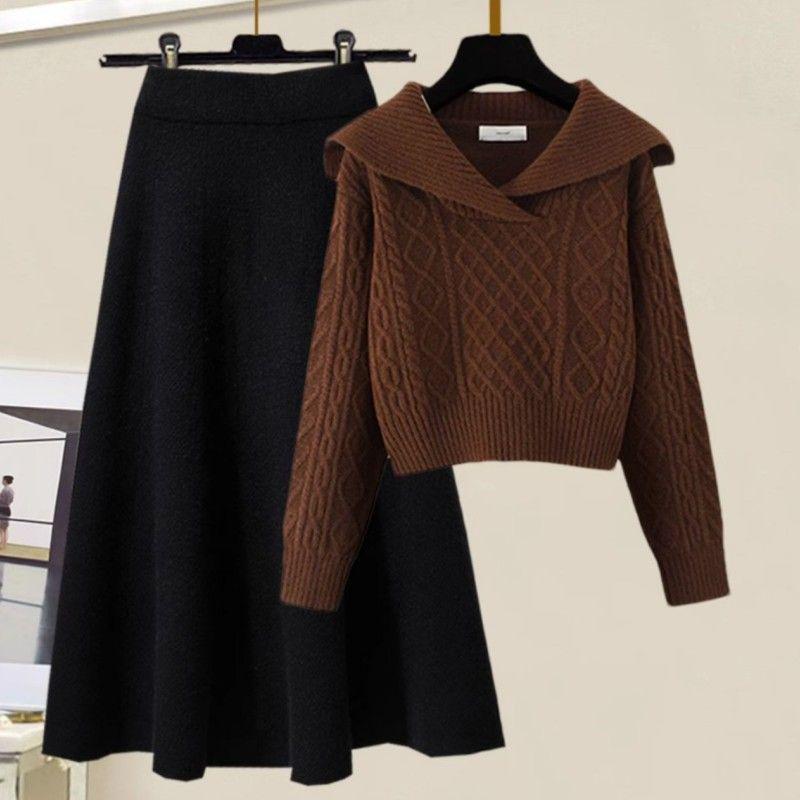 Petite Two-Piece Set: Peter Pan Collar Cable Knit Sweater + High-Waisted A-Line Knit Midi Skirt, Autumn/Winter Style.