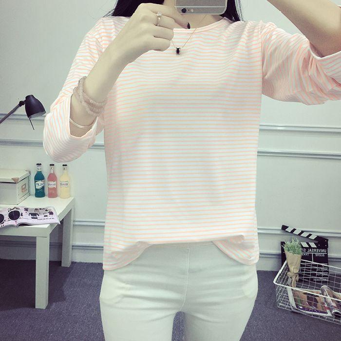 Nueva Versión Coreana de Primavera y Otoño Top Rayado Sencillo Camiseta de Manga Larga Holgada Versátil para Estudiante Escolar Mujer Camiseta Básica