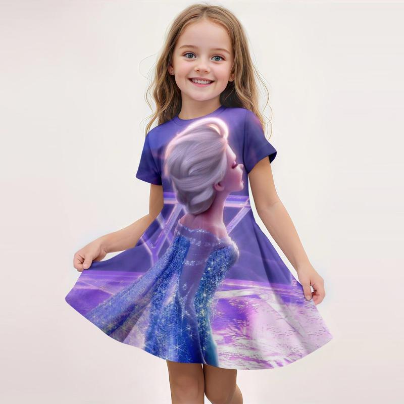 Disney Summer Hot Girl Short Sleeved Skirt Ice and Snow Romance Print 3D Printed Cartoon Pattern Elsa Princess Skirt