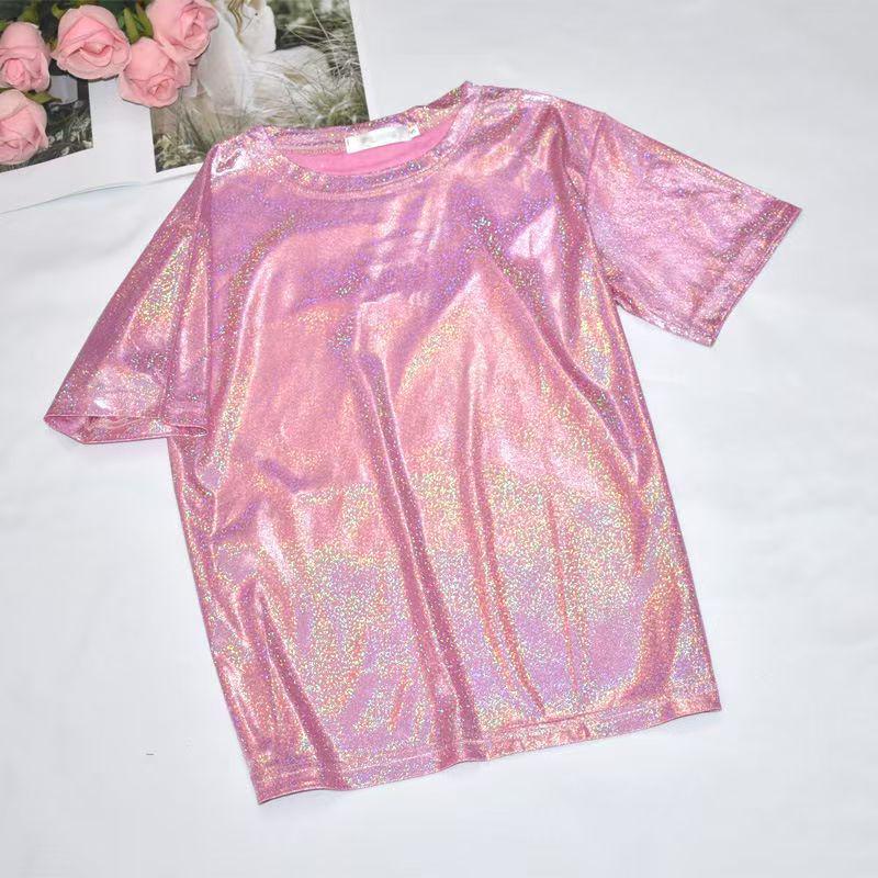 Top Corto Scintillante Stile Coreano - T-shirt da Performance Trendy Luminosa a Maniche Corte Larghe da Donna