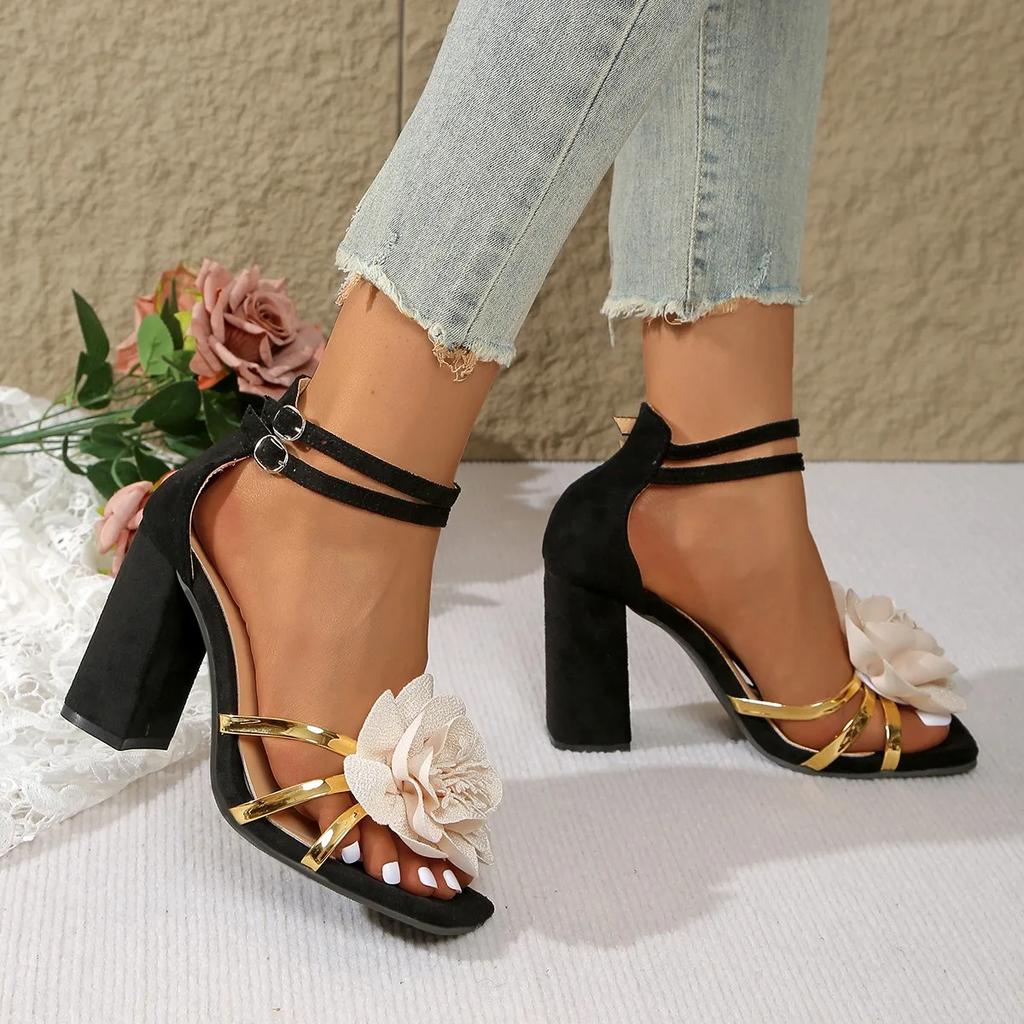 Women Heeled Sandals Wedding Flower Buckle Strap 9.5CM Square Heel Wedding Photography Elegant Women's Shoe Fashion Shoes Pumps
