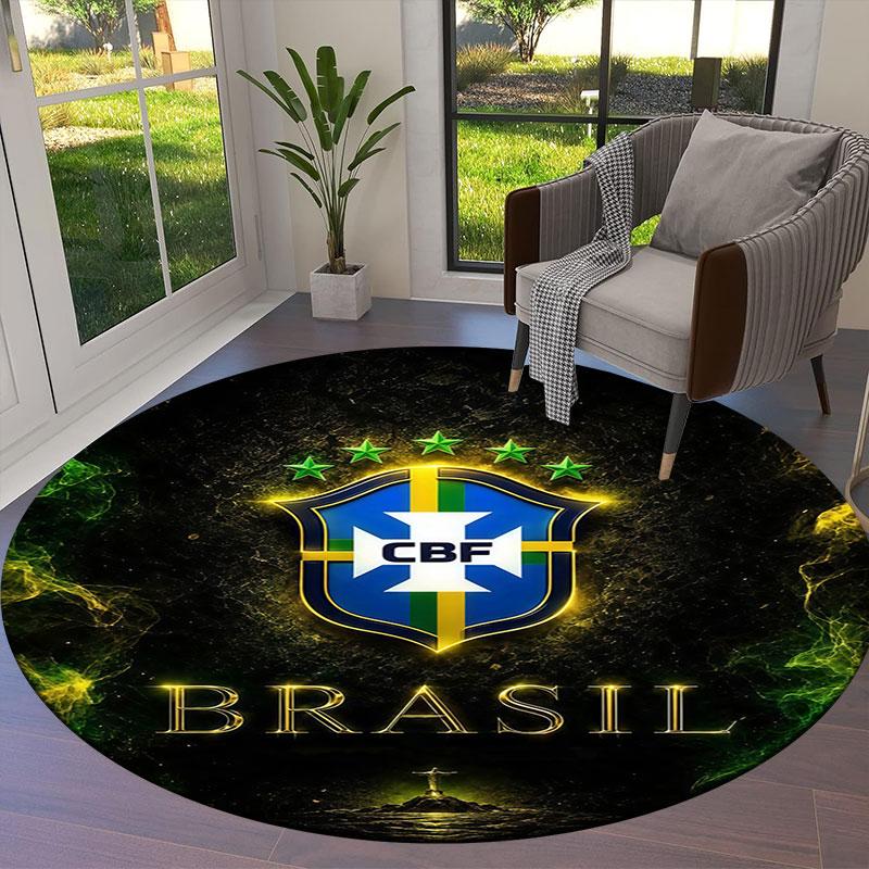 Brazil National Football Team Round Area Rug,Carpet Rug for Living Room Bedroom Sofa Playroom Decor,Non-slip Floor Mat