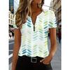 Fashionable and Elegant Zipper V-neck Color Blocked Printed T-shirt, Plus Size Women's Short Sleeved Summer Loose T-shirt