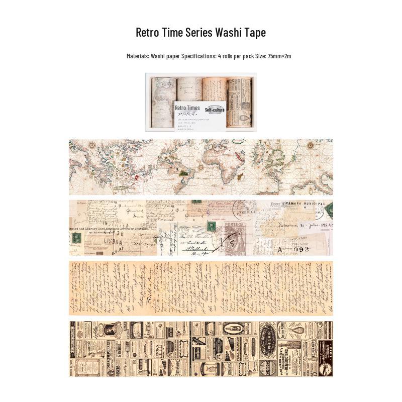 Retro Time Series Washi Tape Set: English Letter & Map Stickers (4 Rolls)