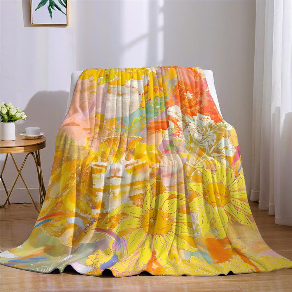 Sunny Cat Floral Collage Flannel Blanket Warm Soft Halloween Christmas Couch Warm Cozy Decorative Decor Gift for All Season