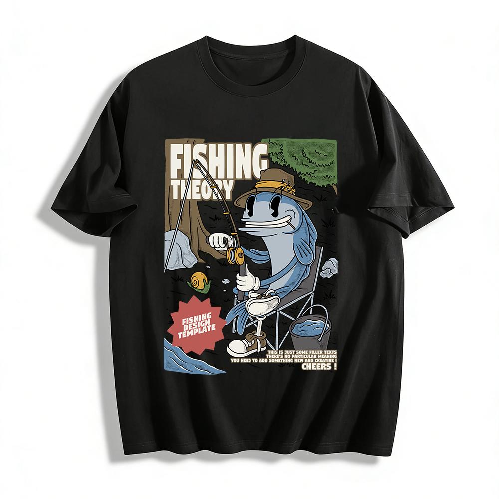 

Funny Anthropomorphic Fishing Fish Graphic T-shirt Unisex Casual Loose Retro American Style Top Pure cotton T-shirt 6XL