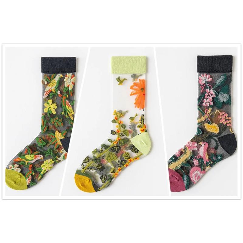 3 Pares Nuevos Set de Calcetines Transparentes Lindos de Gato para Mujer Coreanos Florales Animales Verano Delgados Kawaii Set de Calcetines de Seda para Mujer