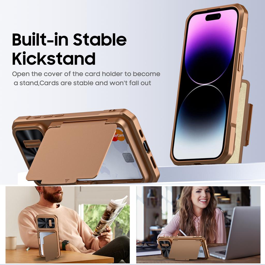 Protective Wallet Case with RFID Card Holder, Kickstand and Camera Cover for iPhone 14 Pro-Gold