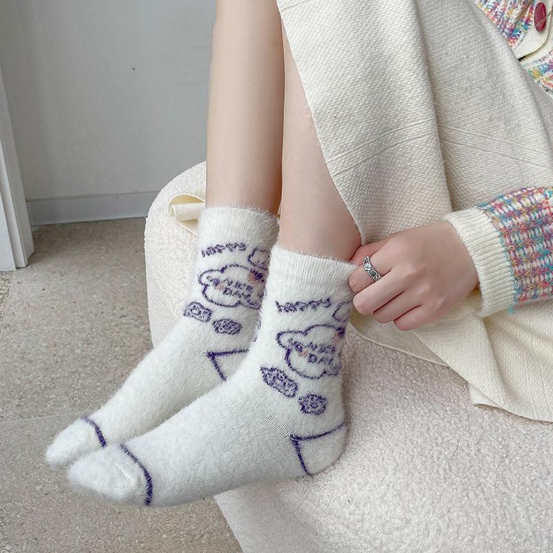 Cartoon Cute Socks Women'S Warm Mink Velvet Medium Tube Socks Autumn And Winter Fluffy Thickened Japanese Stacking Socks Women'S Socks Long