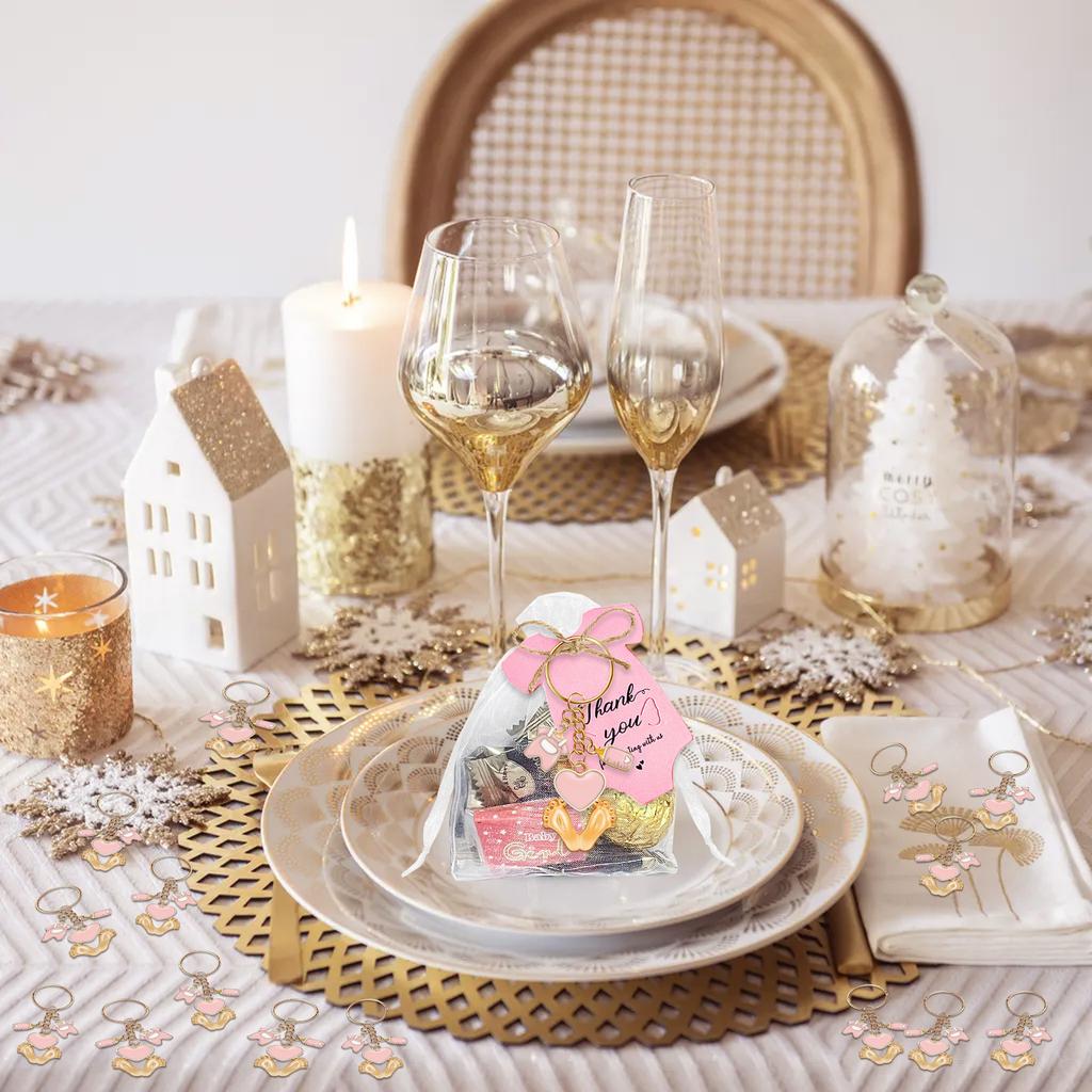 6/20Pcs Baby Foot Keychains Metal Keychain Set with Wrapping Sticker Drawstring Bag and Thank You Label For Baby Showers