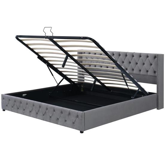 Multifunctional Double Bed Upholstered with Ear Shape, Row of Rivets, Flannel, Button Stitching at Head And Foot Ends, 180x200cm Hydraulic Functional
