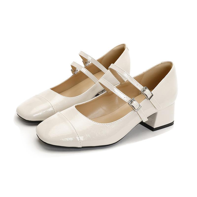 

2025 summer new French square head Mary Jane sheepskin~ thick heel with skirt temperament silver high heel single shoes 39