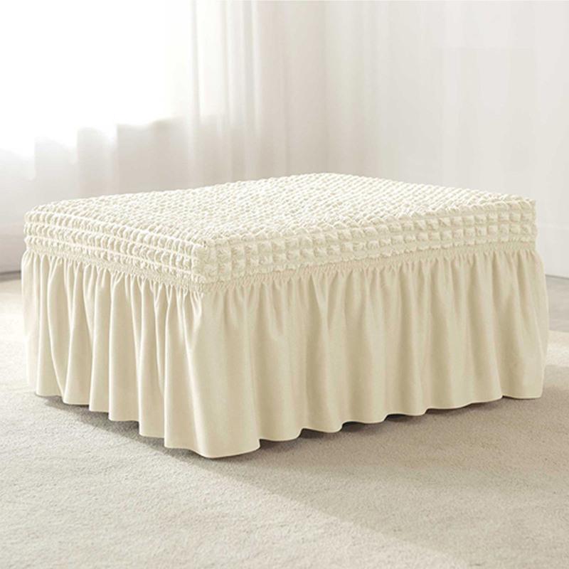 Stretch Ottoman Slipcover Removable with Skirt Footstool Protector Seersucker Thick Ottoman Cover for Living Room Cat Dog