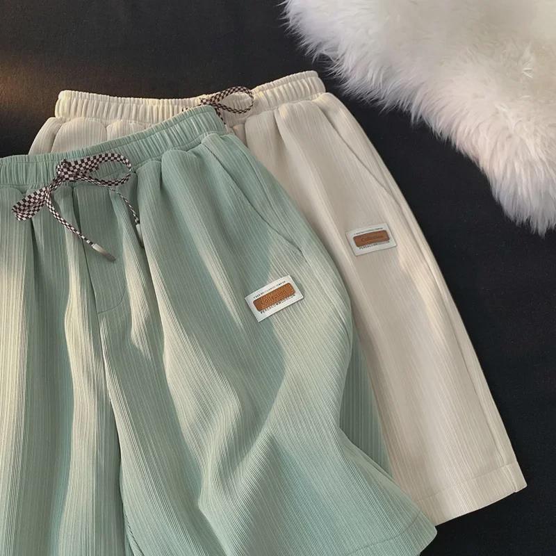 Women's Ribbed Knit Casual Loose Fit Wide Leg Shorts - Trendy Hong Kong Style, Five-Point Length, Salt Style Slimming Pants.