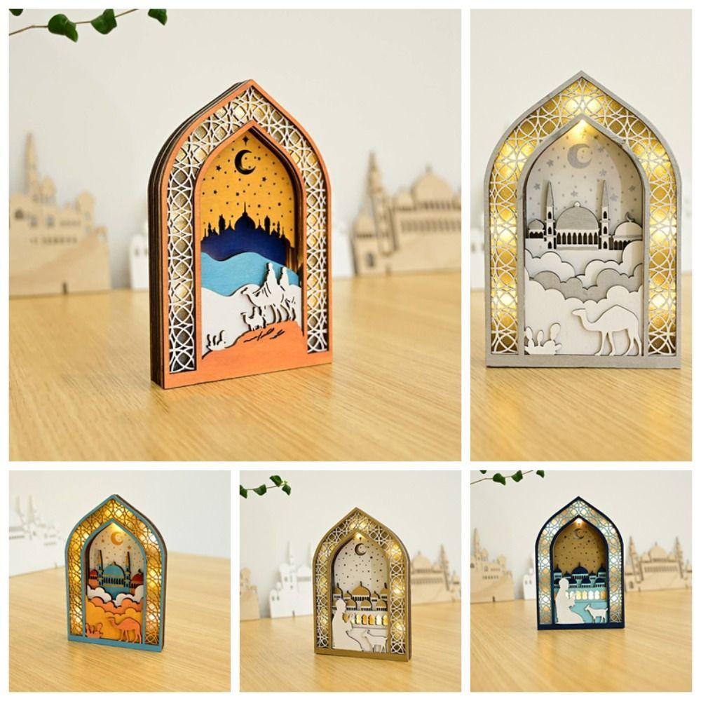 Creative Night Light Ornament LED Eid Wooden Decoration Handmade Eid Desktop Ornament  Scene Layout