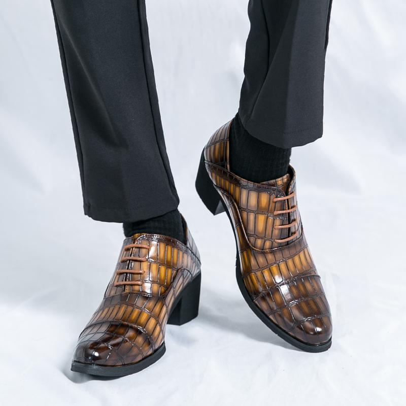 Fashion 2025 Leather High Heels Men Club Shoes Classic Pointed Toe Male Casual Footwear All-match Men Boots Male Lace-Up Walking Shoes