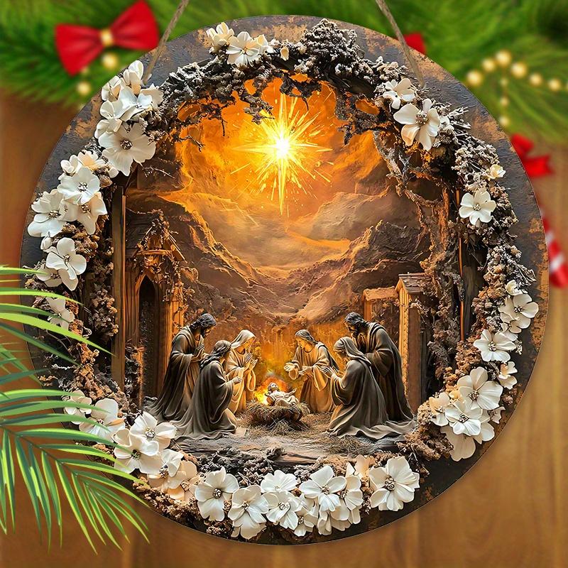 5pcs Nativity Scene Wooden Sign 2D Flat Relief Effect of Jesus, The Son of God Round Sign for Front Door Wall Hanging Decor Ideal Christmas Gift for