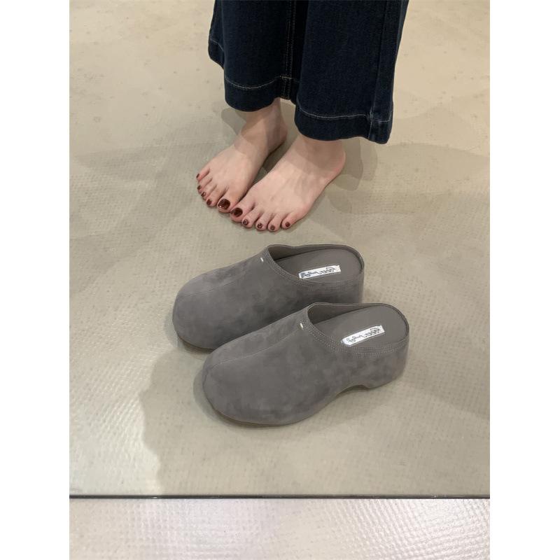 

2025 обувь на платформе, одна педаль, каблук Мюли высотой 6,5 см~, ретро, толстая подошва, сумка на носке, полушлепанцы, женская уличная обувь 40 серый