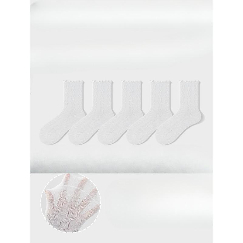 5 Pairs of Women's Summer Thin Style All Kinds of Mesh Hollow Wooden Ear Side Tube Stack Socks