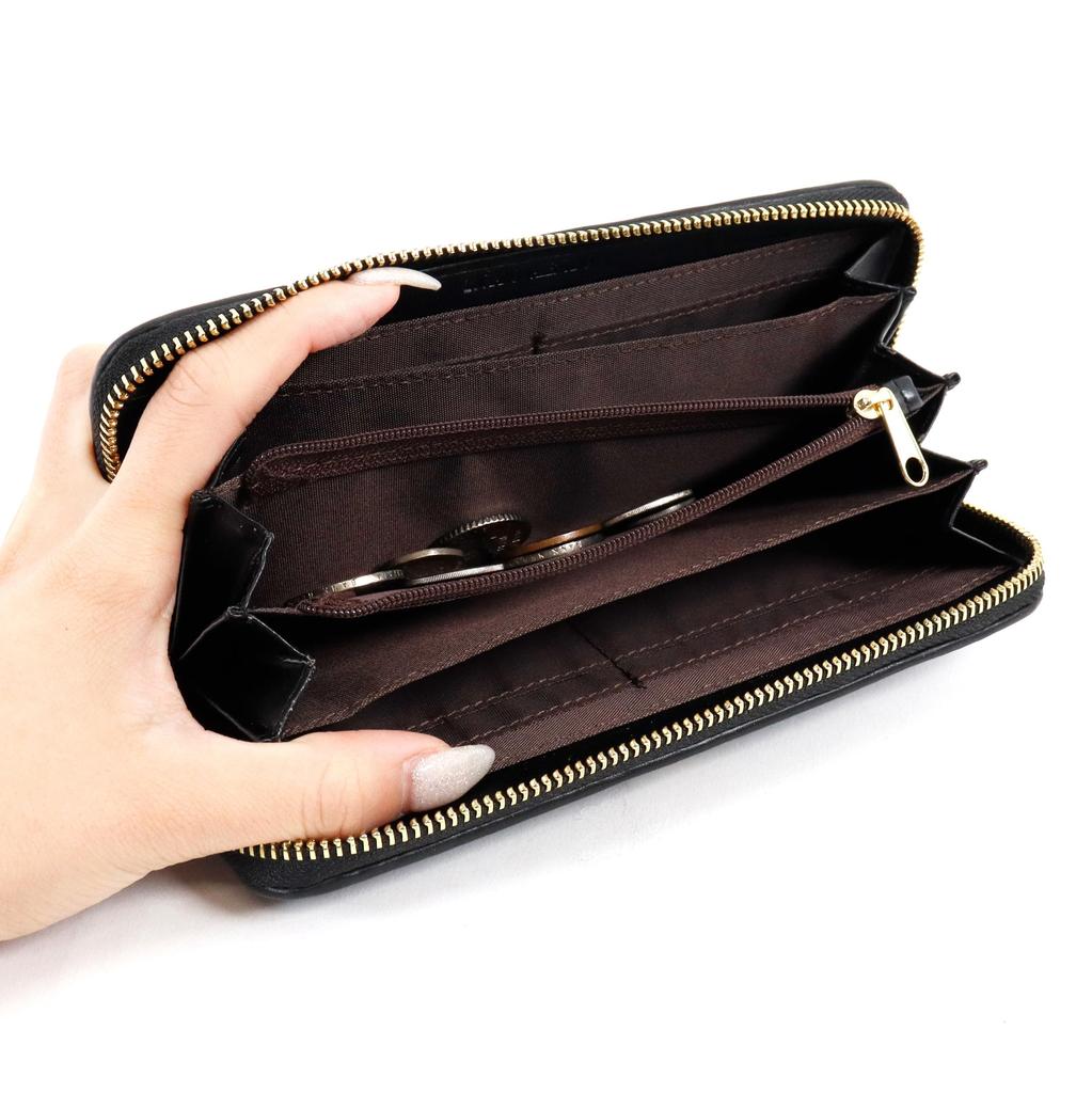 Luciano Valentino Long Large Round Zipper Quilted Elegance Women's Wallet, Capacity, Closure, Stitching, Brooch, High-End (Black)