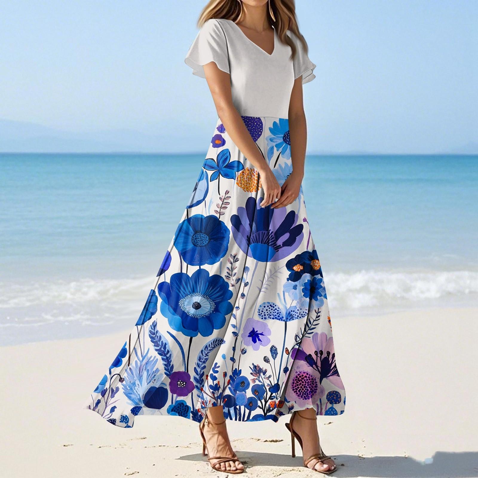 

Женские летние платья Повседневный сарафан Свободные платья с V-образным вырезом и струящимися оборками с короткими рукавами XS белый