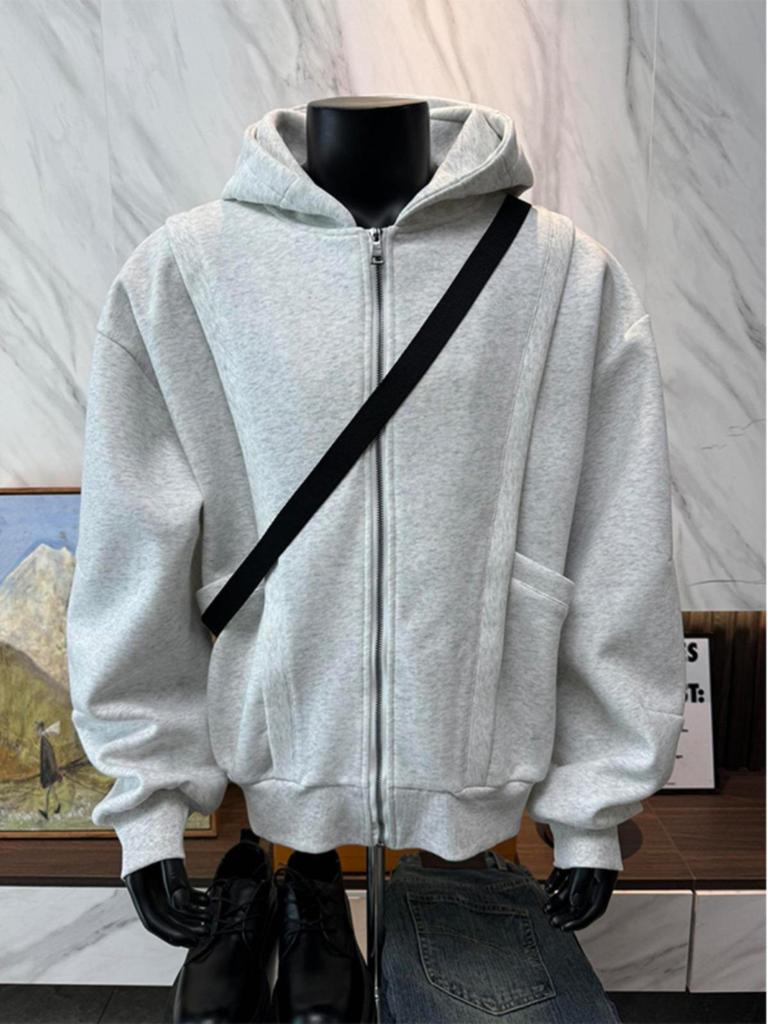 Men's 400g Heavy Gray Deconstructed Zip-Up Hoodie