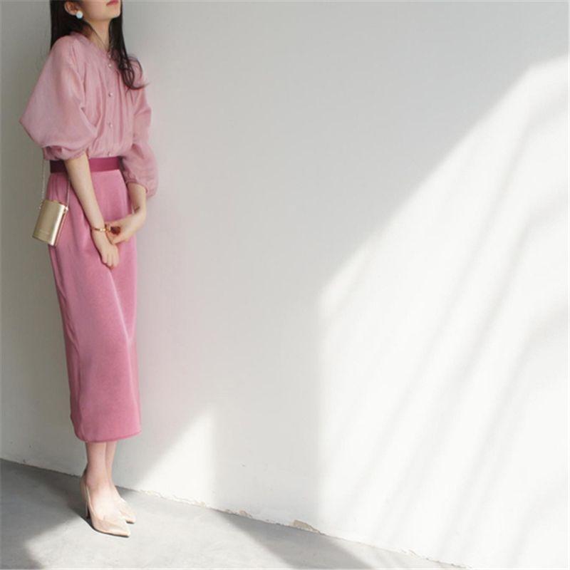 Plum Red Contrasting Color Two Sides of the Knee High Waist Skirt for Women with Silk Satin Matte Smooth Artistic Sense