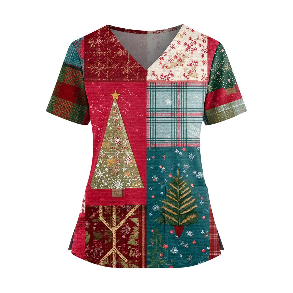 Women's Christmas Print V-Neck Double Pocket Short Sleeves Hem Slit Uniform And Caregiver Top