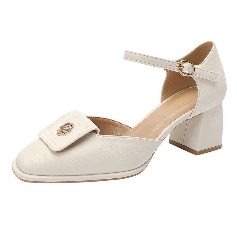 Baotou sandals women's new silver one-word buckle with square head high heels thick heel hollow single shoes