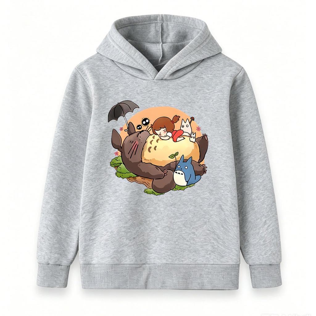Kids Boys Girls Casual Hooded Sweatshirt, Cute Cartoon Totoro Print Long Sleeve Pullover Tops, Cozy Soft Crew Neck Outerwear for Children Daily Wear
