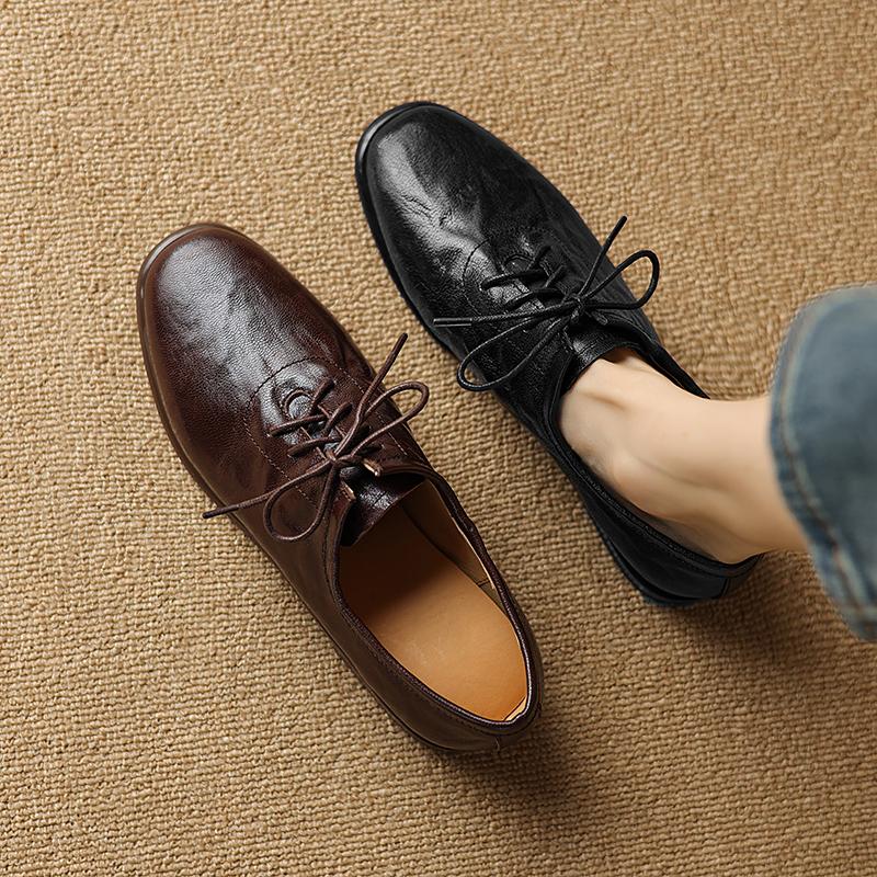 Mote 2025 Ny Vår Ekte Skinn Damesko Rund Tå Pumps Sko for Kvinner Loafers Damesko Retro Oxford