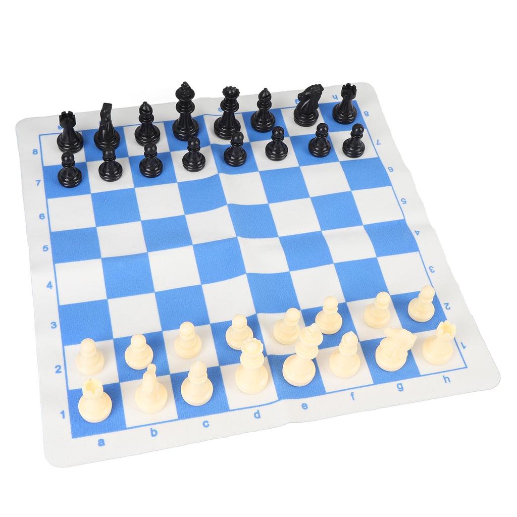 Chess Game Set Plastic 32 Chess Pieces Chessmen with 13.8 Inch PU Leather Blue White Chessboard for Home Travel