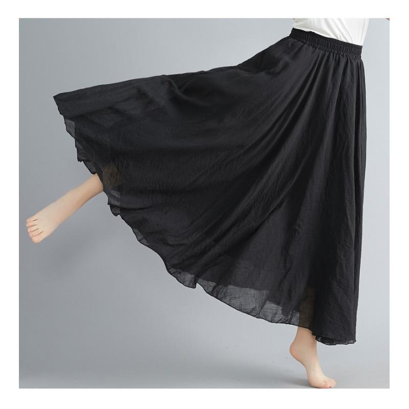 Long A-line Skirt In Cotton and Linen with Elastic Waist In Pure Color for Summer and Autumn