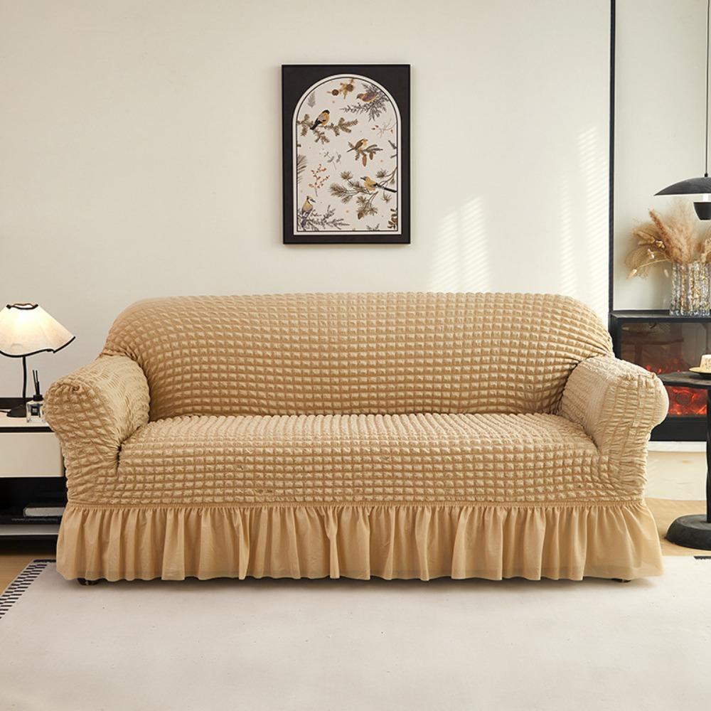 Premium Thick Bubble Gauze Sofa Cover Full Elastic Lace Trim Skirt Design All Season Stretchable