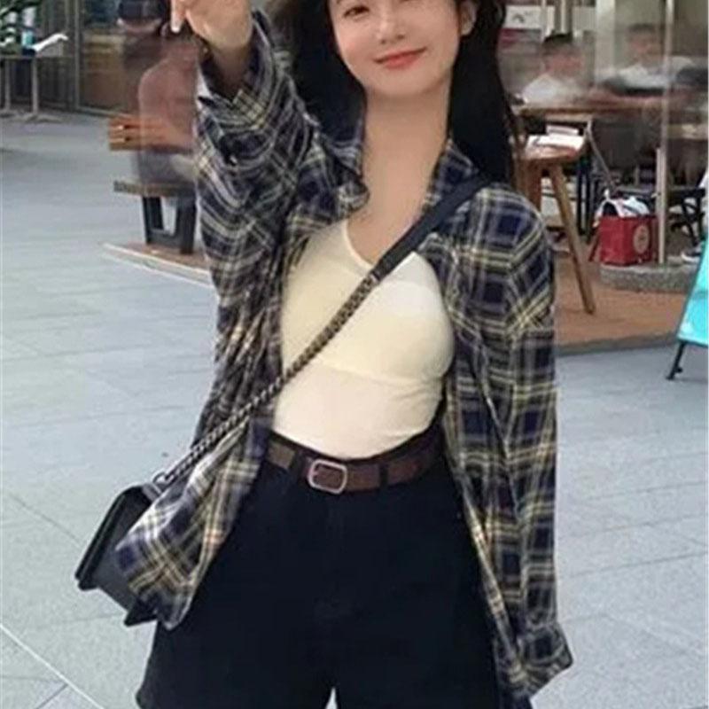 Vintage Rutig Dam Skjorta Chic Topp Jacka Vår Tunn Ytterkläder Blus för Damer