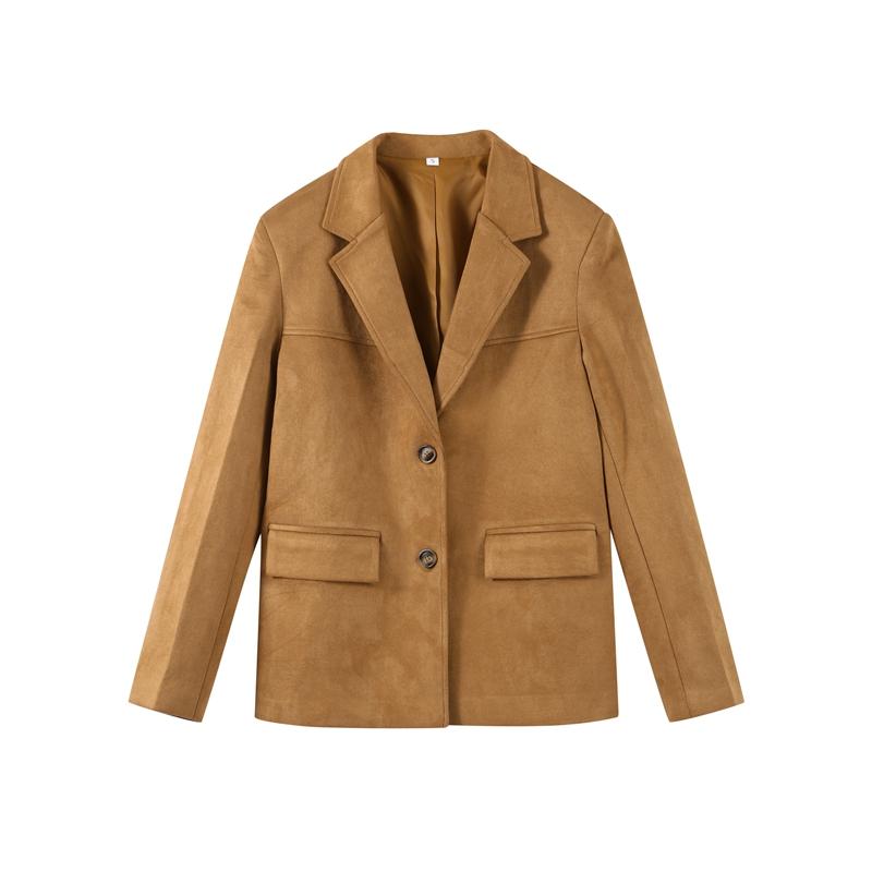 Dámská semišová bunda s klopovým límcem, jednoradové zapínání, khaki, s dlouhým rukávem, sako, módní na dojíždění, větruodolná, teplá bunda, podzim 2025