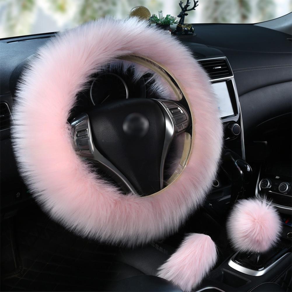 3 Stuks Effen Zacht Warm Lang Wol Pluizig Stuurwielhoes Wol Handrem Auto Accessoire Schapenvacht Pluche Beschermhoes Set