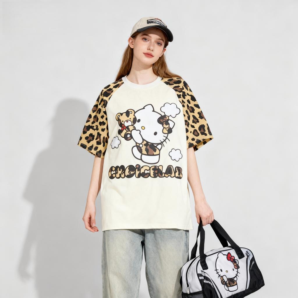 Camouflage Hello Kitty Shirt, Sweet and Cool Street Style, Summer Women's T-shirt, Loose Top