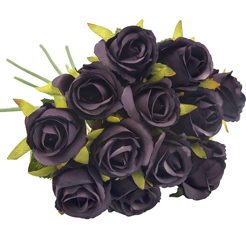 

Искусственный букет роз из 12 голов Шелковые искусственные цветы Свадебная вечеринка Домашнее украшение Dark Purple