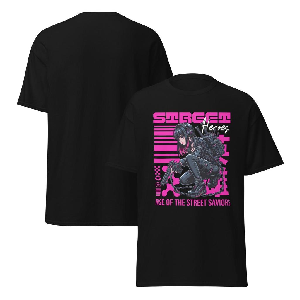 Street Heroes T-Shirt, Cyberpunk Anime Girl with Gun Graphic Tee, Urban Warrior Style, Neon Pink Streetwear Design