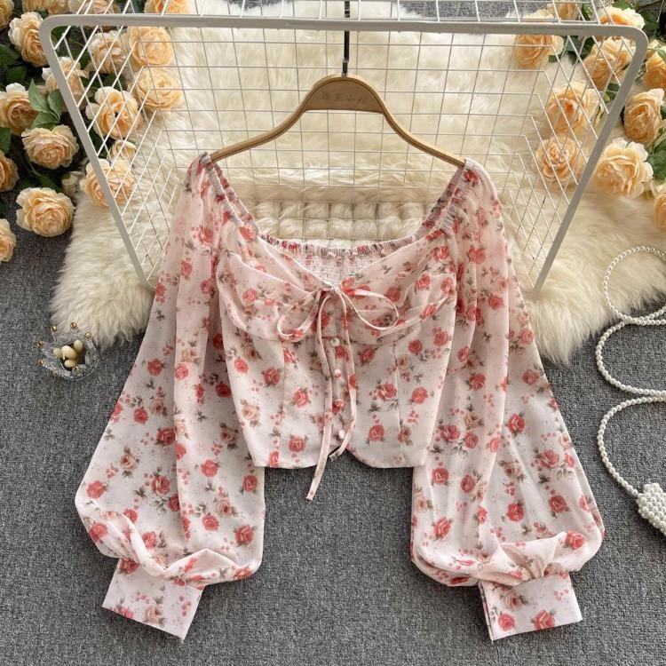 French Elegant Bohemian Floral Blouse Women Sweet Spring Casual Vacation Ruched Elastic Slim Tops Print Shirts